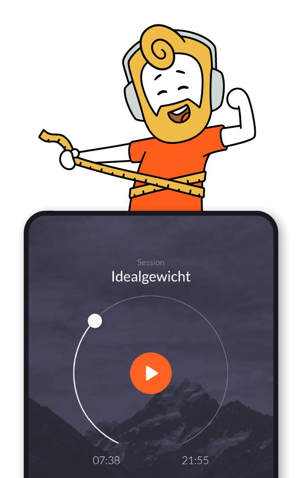 Ein freudiger Mann mit einem Maßband um seinen Bauch. Unter ihm ist ein Smartphone zu sehen, auf dem die Sessions "Idealgewicht" abgespielt wird.
