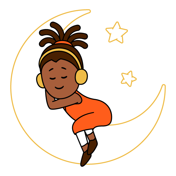 Eine Frau schlÃ¤ft entspannt in einer Mondsichel mit zwei Sternen daneben.